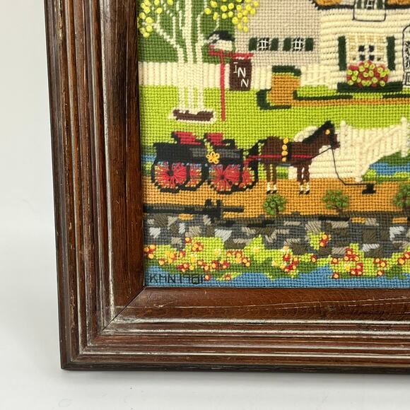 Framed 1981 Folk Art Needlepoint Horse Buggy Country Scene Signed 22.5"x19" Vtg - Picture 6 of 16